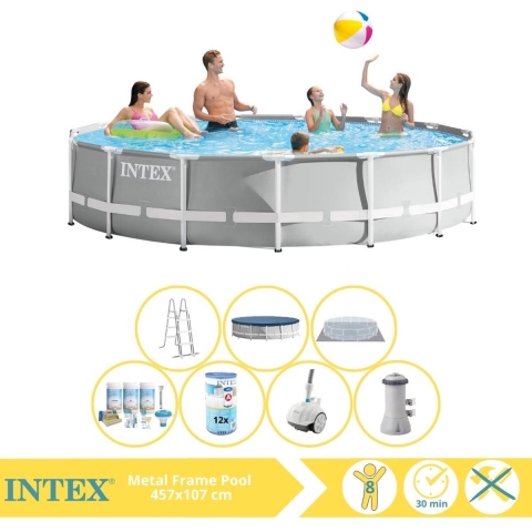 Intex Prism Frame Zwembad - Opzetzwembad - 457x107 cm - Inclusief Onderhoudspakket, Filter en Zwembad Stofzuiger