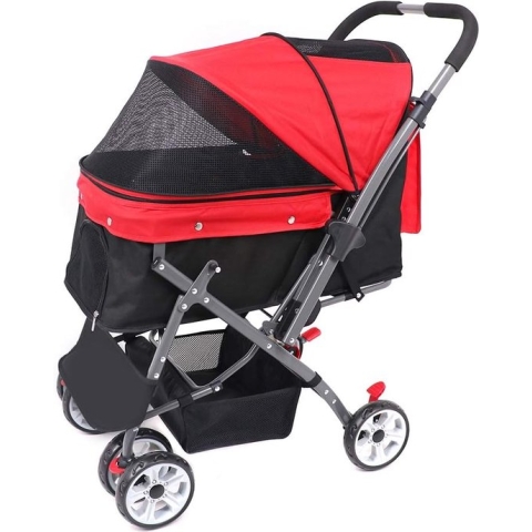 huisdier vierwielige trolley katten honden karren schokbestendig duurzaam wandelwagen verstelbare richting, één klik vouwen, snelle installatie, geschikt voor reizen, met 5 huisdier matten (Rood)