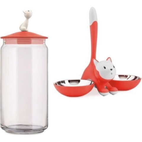 Alessi Tigrito Poezen Voerbak-Set met Voorraadbus Rood