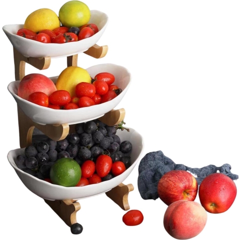 Fruit Etagere Keramische - 3 Tier Porseleinen Fruitschaal - 3 Tier - Fruitschaal met Natuurlijke Bamboe - Standaard Serveerschaal voor Fruit, Gebak, Snoep