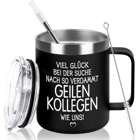 Afscheidsgeschenk collega's, mannen, vrouwen, kleine cadeaus afscheid collega's, collega's, cadeau voor nieuwe baan, mok met spreuk, 350 ml dubbelwandige vacuüm campingbeker, 350 ml roestvrijstalen mok