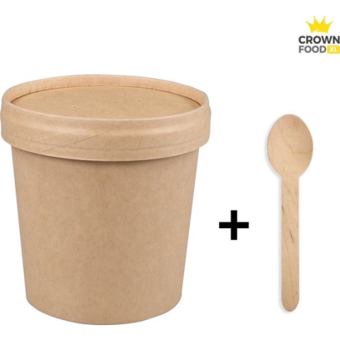100st Soup Cup Soep Beker karton 750ml incl deksels + 100 lepels hout - Crown Food XL
