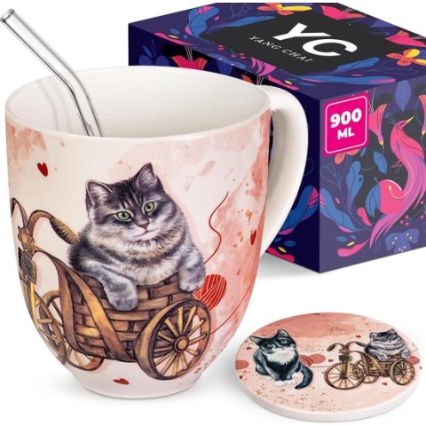 Jumbomok 900 ml - theemok van bot porselein - XXL mok cadeauset met onderzetter - koffiemok reuzenbeker drinkbeker reuzenbeker koffiebeker jumbobeker