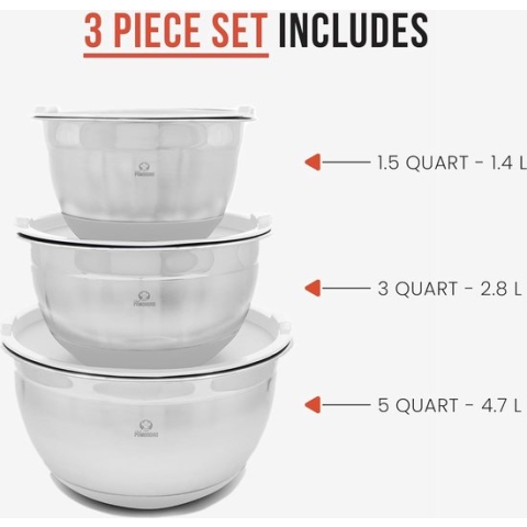 Mengkommen met deksels, roestvrijstalen kommenset, antislip siliconen basis, mengkomset - 3-delig (1,5 Qt, 3 Qt, 5 Qt), kommen voor keukenopslag, koken, bakken, voorbereiden (grijs)