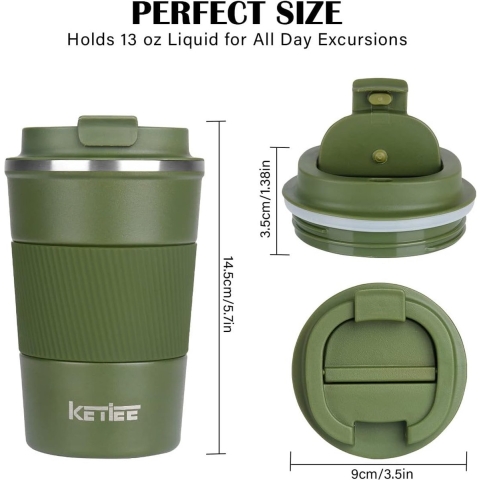 Reismokken, KETIEE 380 ml geïsoleerde koffiebeker met lekvrij deksel, herbruikbare koffiebekers reisbeker, koffiemok, dubbelwandige koffiemok, thermische mok voor warme koude dranken, Olijfgroen