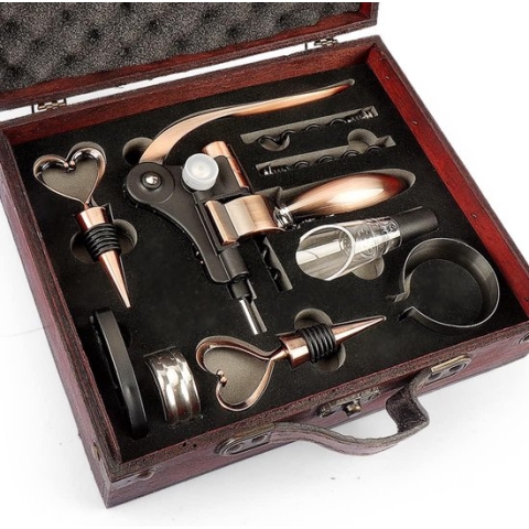 Kurkentrekker set in houten kist geschenk, luxe wijnopener, wijnsommelier sets met flesopener, wijnsluitingen, wijnaccessoires cadeauset (stijl 02)