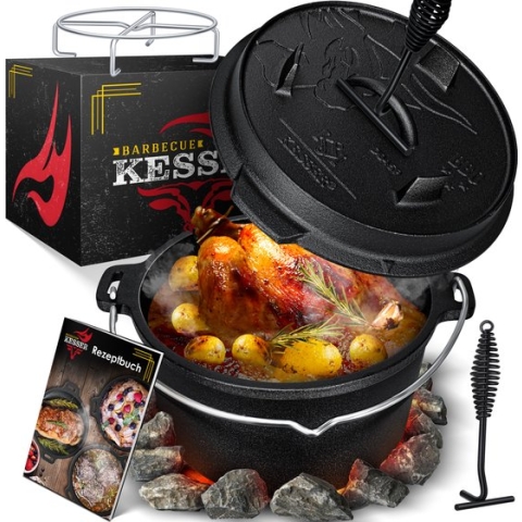 KESSER® Dutch Oven Gietijzeren Pan met Deksel voor Buiten & Binnen BBQ Multifunctionele Kookset - Barbecuepan - Braadpan voor 14-20 personen 13,6 Liter
