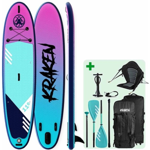 KRAKEN Dubbellaags SUP 11’0 Sky | Premium Double Layer Fusion Supboard | met Kayak Zitje en GlassFibre peddel - Complete Set - 335x81x15 CM - Stand Up Paddle Board - PREMIUM Kwaliteit - Extra Stabiel - Dubbellaags - 335 CM - TOT 180 KG - Kajakstoel
