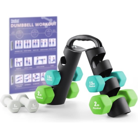 Halsters, set van 6 met standaard, neopreen coating, soft-touch handgreep, handgewichtenset voor dames, kinderen, beginners, lichte kleine houderset voor thuis, sportschool, studio, training