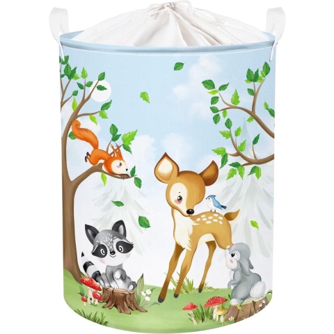 45L Safari Dieren Boom Hert Wasbeer Konijn Groen Wasmand Vos Beer Egel Speelgoed Kleding Opbergmand voor Kinderkamer, 36 x 45 cm