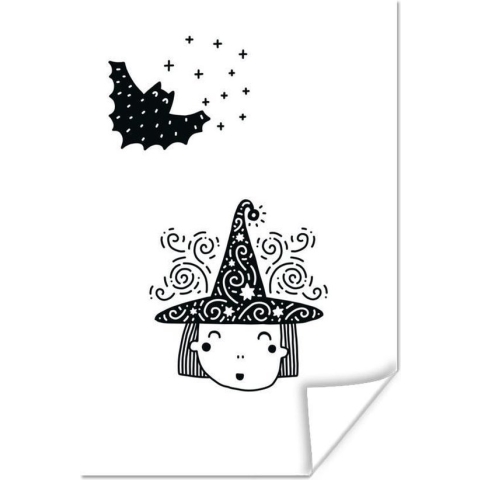 Poster Heks - Halloween - Zwart - Wit - Jongens - Meisjes - Baby - 120x180 cm XXL - Poster Babykamer