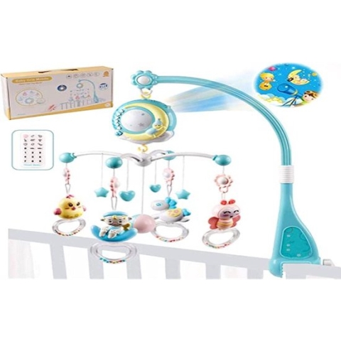 Kinderbedje met muziek, 360 graden draaibaar, met muziek en verlichting, hangend geboren kinderbedspeelgoed, met afstandsbediening en projectie