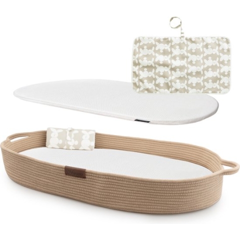 Yunioo aankleedkussen│XL baby verschoonmand 80cm│Mozesmand incl. hoogwaardig matras met waterafstotende hoes en gratis reismatje│Extra stevig katoen│Ontworpen in NL│Steun een goed doel│Baby changing basket babykamer│Bruin