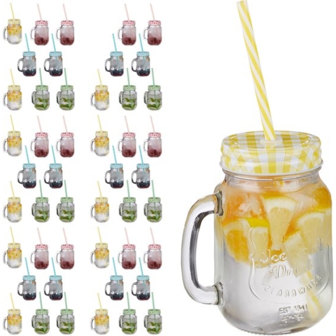 Relaxdays 48x drinkglas met deksel & rietje, weckpot, 4 kleuren, mason jar