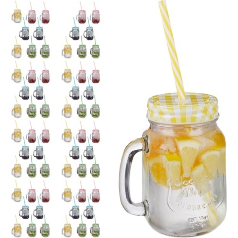Relaxdays 64x drinkglas met deksel & rietje, weckpot, 4 kleuren, mason jar
