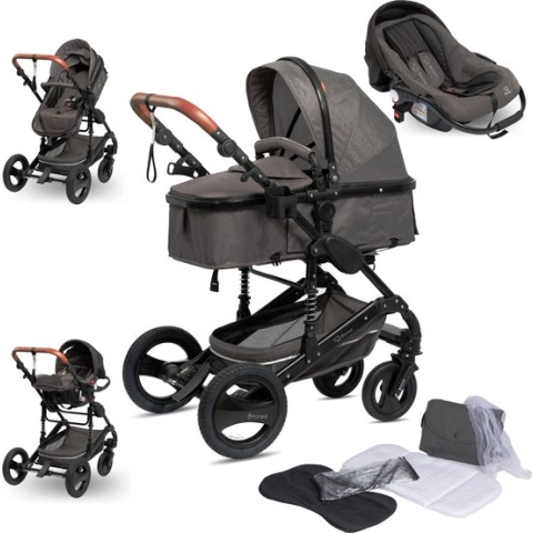 Bronea - EXQUISE Luxe multi-functionele kinderwagen 3 in 1 | Grijs/Zwart | Incl. MATRAS, Buggy, Autostoel, Luiertas, Regenhoes, Voetenwarmer, Muggen net & Zonneklep