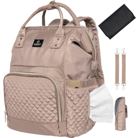 Mimmti Luiertas Rugzak met Verschoonmatje - Inclusief flessenwarmhouder - Kinderwagenhaken en isoleervak - Beige Taupe