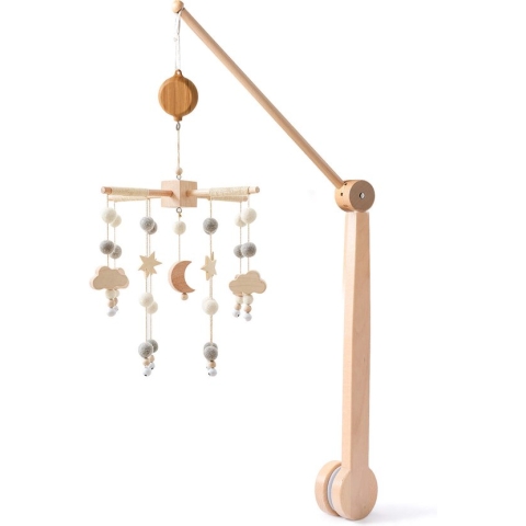 Boxmobiel Maantje + Luxe 360° Verstelbaar Houten Mobiel Houder + Muziekmobiel - Babymobiel – Babyshower Cadeau Baby Mobiel – Wieg Mobiel – Kraamcadeau