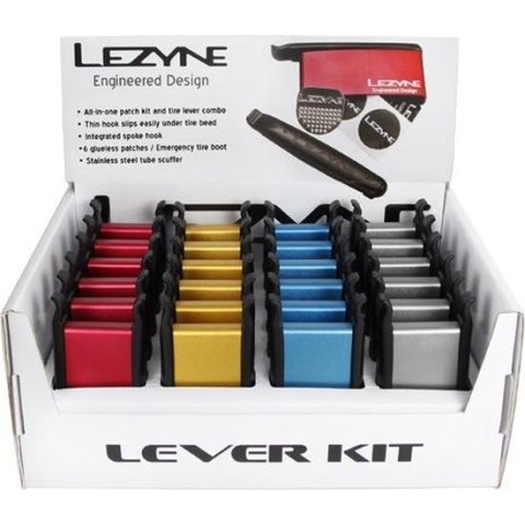 Lezyne Lever Kit Bandenplak set - All-in-one plaksetje en bandenlichter combinatie - Duurzame aluminium behuizing - Rood/Goud/Blauw/Grijs - 24 Stuks