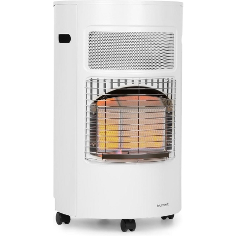 Blumfeldt Bonaparte Gaskachel Gasverwarming - Infrarode Keramische Brander Met Drie Warmtestanden 1,6/2,6/4,2KW - Cilindrische Behuizing Met Volledige Afdekking Van De Gastank - Elektrisch Batterijontstekingssysteem - Vloerwieltjes - Wit