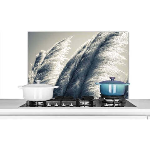 Spatscherm Keuken - Kookplaat Achterwand - Spatwand Fornuis - 90x60 cm - Pampasgras - Zwart - Wit - Natuur - Aluminium - Wanddecoratie - Muurbeschermer - Hittebestendig