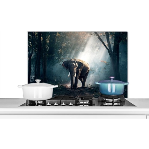 Spatscherm Keuken - Kookplaat Achterwand - Spatwand Fornuis - 90x60 cm - Olifant - Dieren - Licht - Bos - Natuur - Wilde dieren - Aluminium - Wanddecoratie - Muurbeschermer - Hittebestendig