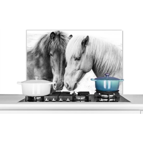 Spatscherm Keuken - Kookplaat Achterwand - Spatwand Fornuis - 90x60 cm - Paarden - Dieren - Zwart wit - Natuur - Aluminium - Wanddecoratie - Muurbeschermer - Hittebestendig