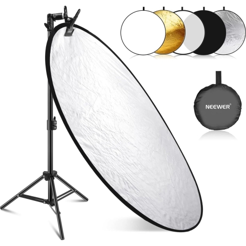 Neewer® - 110cm Lichtreflectorkit - 5-in-1 Opvouwbare Ronde Reflector (Transparant/Zilver/Goud/Wit/Zwart) - Metalen Clip, 53-110cm, Korte Driepoot voor Lage Hoek, Kinderen, Studiofotografie - Verbetert Belichting en Portretten