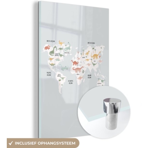 MuchoWow® Glasschilderij - Wereldkaart - Kind - Dino - 60x90 cm - Acrylglas Schilderijen - Foto op Glas