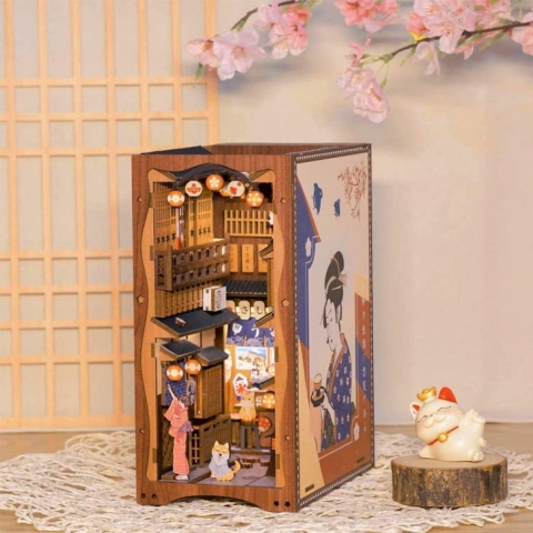 Book nook, miniatuurhuisje, met meubels en ledverlichting, boekensteun, doe-het-zelf, 3D-puzzel, van hout, modelbouwset, voor volwassenen, Under The Sakura Tree