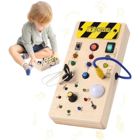 Montessori Busy Board speelgoed vanaf 1 jaar, activiteitenbord, houten speelgoed met 8 led-lichtschakelaars, motorisch speelgoed, sensorisch speelgoed, kinderspeelgoed voor jongens en meisjes