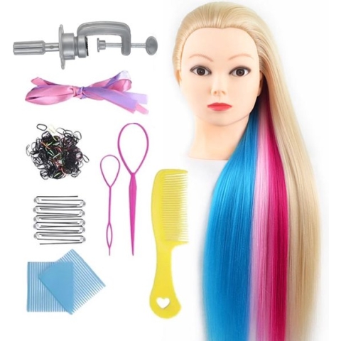 SassyGoods - Kaphoofd - Oefenpop kapper - Incl. Styling accessoires - Regenboog kleur haar - Met statief - 70 cm
