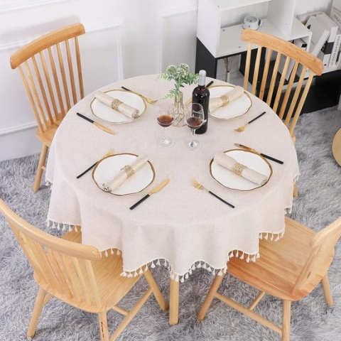 Beige Tafelkleed Rond 120 cm Wasbaar Linnen Katoenen Tafelkleed Kreukvrij Stofdicht met Kwastjes voor Keuken, Eettafel, Salontafel, Tuinmeubel.