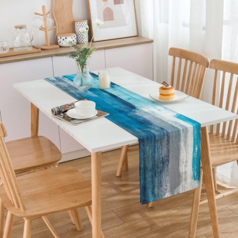 Tafelloper lente groenblauw en grijs linnen 40 x 140 cm modern olieverfschilderij abstracte kunst tafelloper decoratieve doek voor woondecoratie, kamerdecoratie, lente, zomer, feestdecoratie, Pasen, bruiloften, vakantie