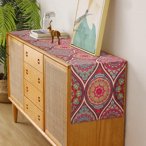 Tafelloper, boho, tafelloper, lente, modern, tafelloper, rood, afwasbaar, linnenlook, tafelloper, boho-stijl, tafelloper voor eetkamer, feest, vakantie, decoratie, tafelloper, paars, 40 x 140 cm