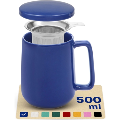 Theemok met zeef en deksel - keramiek donkerblauw - houdt lang warm - 500 ml XXL groot - vaatwasmachinebestendig