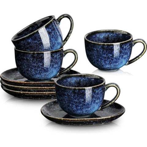 Set van 4 keramische cappuccinokopjes met schoteltjes voor Au Lait Double Shot Latte Cafe Mokka thee 185 ml (sterblauw)