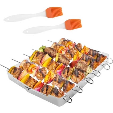 6 x Barbecue Spiezen Roestvrij Stalen Kebab Spiezen Set met Grill Spiezen Houder BBQ Grill Spiezen 35 cm Barbecue Spiezen voor Kampvuur Vlees Spiezen Metalen Spiezen Grillen met 360° Rotatie