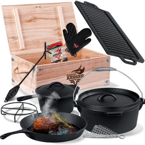 KESSER® Dutch Oven Gietijzeren Set 10-delig in Houten Kist met Barbecuepan 3,6L, Braadpan, Sauspan, Grillplaat en Veel Accessoires - Zwart