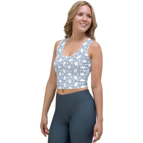 CropTop - design - design Grace in Lace - Dry Fit - High Performance - unieke print - 4way stretch - UPF 50+ - Hardloop - Yoga - Fitness - Dans - Pilates - Training - Sport Top - dames - wit klassiekblauw - maat XL