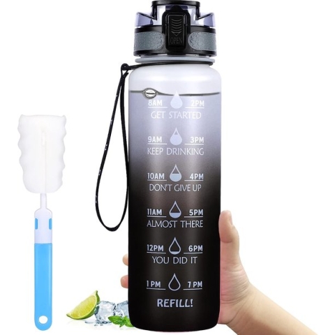 Drinkfles 1 L, lekvrije bidon, bidon, BPA-vrij, Tritan fietsfles met tijdsaanduiding voor kamperen, buiten, yoga, sportschool, school, universiteit, fiets