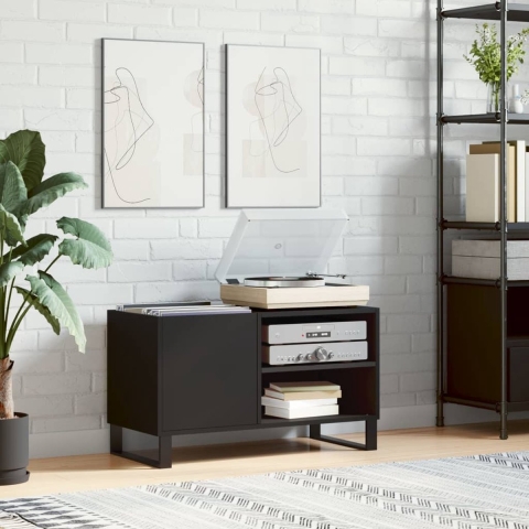 The Living Store Platenkast - Zwart - 85 x 38 x 48 cm - Duurzaam bewerkt hout - Ruime opbergruimte - Stevig blad - Industriële ijzeren poten