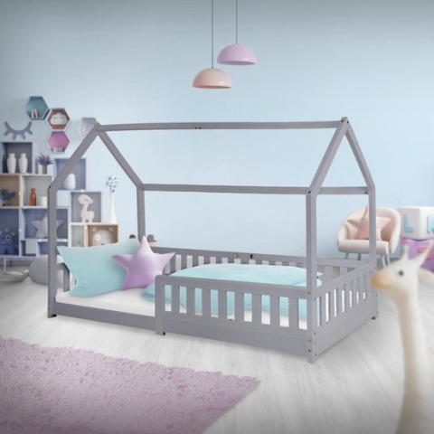 Kinderbed met uitvalbeveiliging lattenbodem en dak 200x90 cm Lichtgrijs grenenhout ML-Design