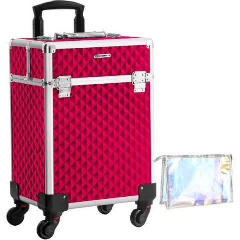 Cosmeticakoffer, Trolley, Make-Upkoffer, Met Handgreep, Met 4 Universele Wielen, Met 4 Uittrekbare Vakken, Voor Op Reis, Rood