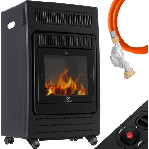 KESSER® Sfeervolle Gaskachel 3400 Watt inclusief Gasdrukregelaar en Gasslang - Mobiele Kachel Gashaard geschikt voor butaan- of propaangasflessen tot 11 kg - Gasverwarming - Zwart
