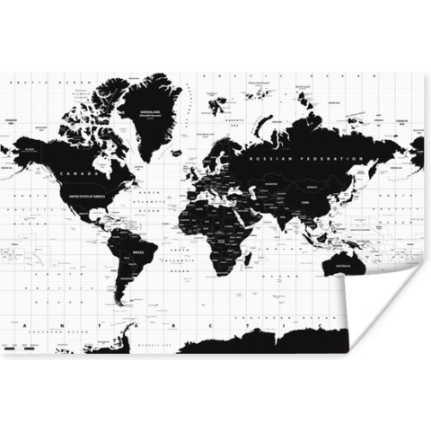 Poster Wereldkaart - Zwart - Wit - Atlas - Aarde - Educatief - 180x120 cm XXL