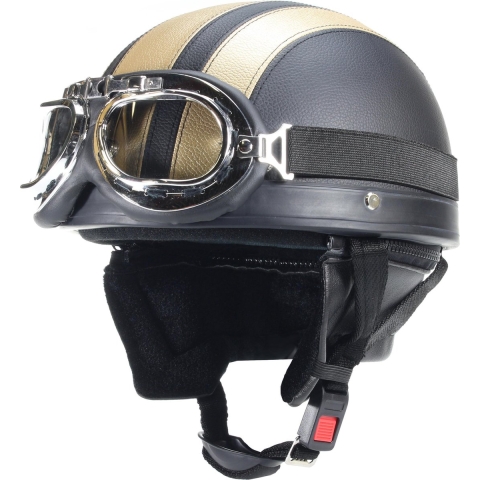 Pothelm - Vintage Zwart/Goud - Chrome Motorbril - Maat M/L