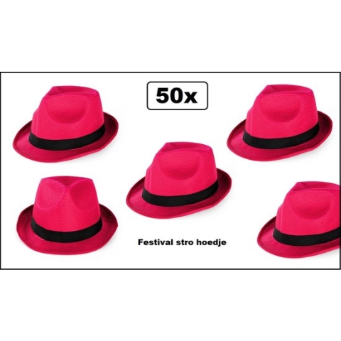 50x Festival hoed pink met zwarte band - Hoofddeksel hoed festival thema feest feest party