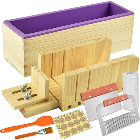 Artcome Cutting Mold Set for Box Soap Making Multifunctional Adjustable Wooden Rectangle Silicone Mold Set with Wavy and Straight Cutter Stainless Steel