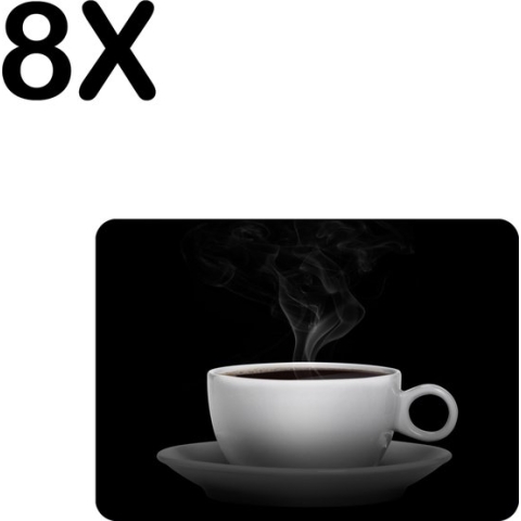 BWK Luxe Placemat - Kopje Koffie met Zwarte Achtergrond - Set van 8 Placemats - 35x25 cm - 2 mm dik Vinyl - Anti Slip - Afneembaar